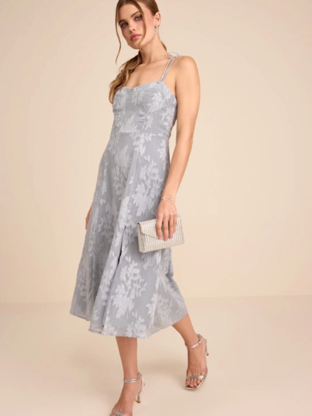 NWT Lulus Dusty Blue Floral Jacquard Lace Tie-Strap Midi Dress - Size XS